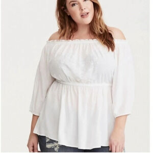 Torrid White Floral Embroidered Off Shoulder Challis Top Plus Size 2 2X
